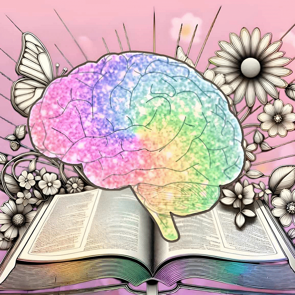 rainbow coloured clipart style brain transposed over an open book surrounded by flowers and butterfly that are colourless