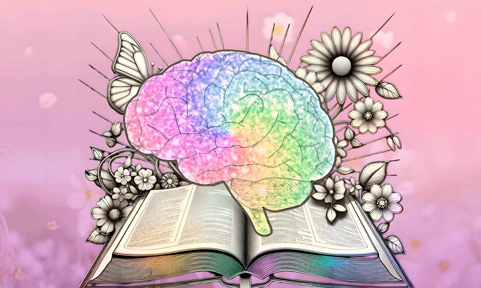 rainbow coloured clipart style brain transposed over an open book surrounded by flowers and butterfly that are colourless
