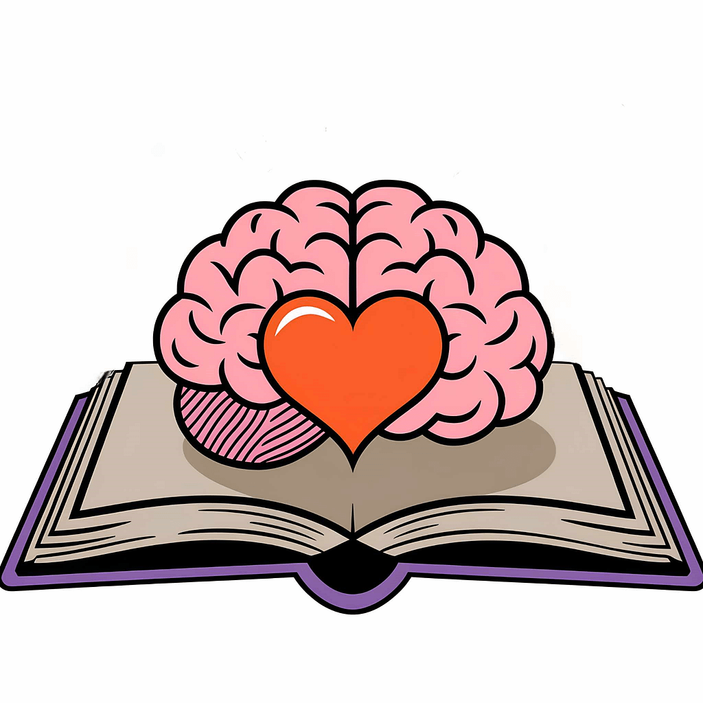 open book with a brain sitting on it with a clipart heart in front