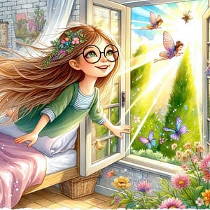 smiling young girl wearing glasses flies out of her bedroom window into a beautiful, sunny garden accompanied by her fairy friends