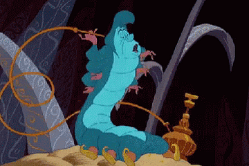 animated image of the blue caterpillar from the Disney Alice in Wonderland blowing smoke words "Who Are You?"