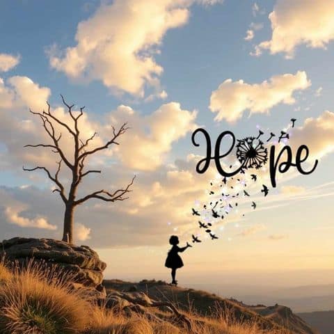 nature scene of a rocky peak with silhouette of girl releasing birds and sparkles that form the word HOPE